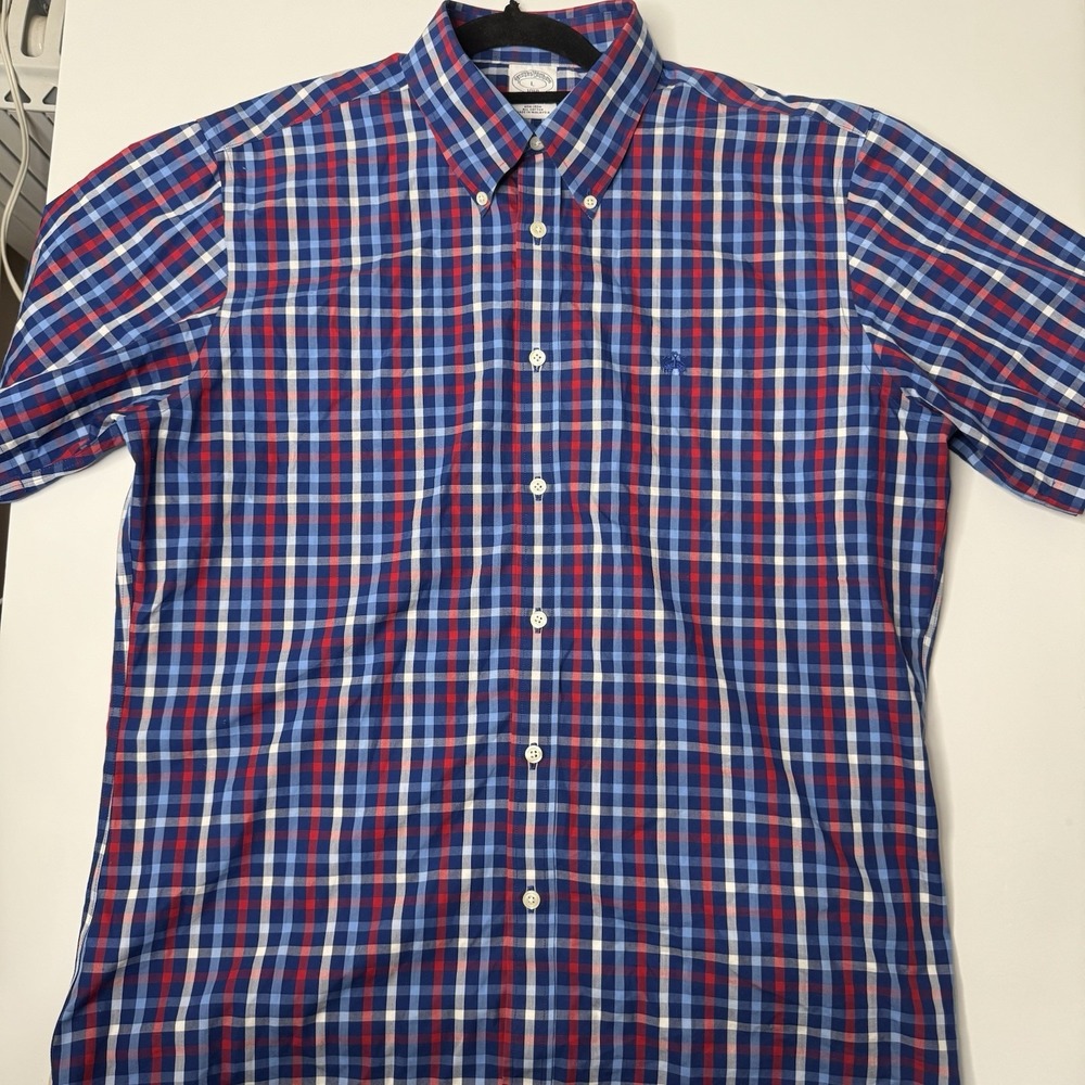 Brooks Brothers Linen Shirt‎ Men sz L Plaid Short Sleeve Button Up